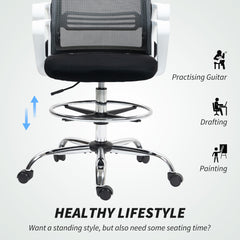 Draughtsman Chair, Mesh Drafting Chair, Ergonomic Office Chair With Lumbar Support, Adjustable Foot Ring, Black