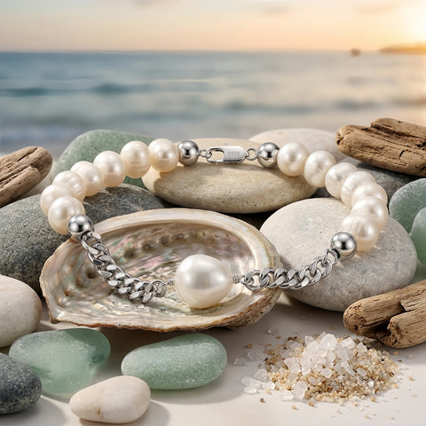 Sterling Silver Elegant Pearl and Sterling  Chain Bracelet with Teardrop Accent