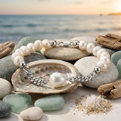 Sterling Silver Elegant Pearl and Sterling  Chain Bracelet with Teardrop Accent