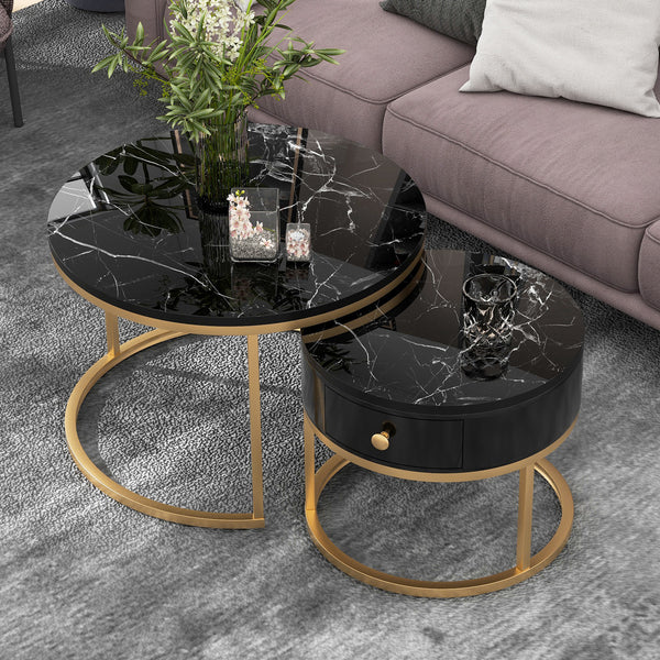 Nesting Tables With Storage Gold Metal Frame Legs And Marble Pattern