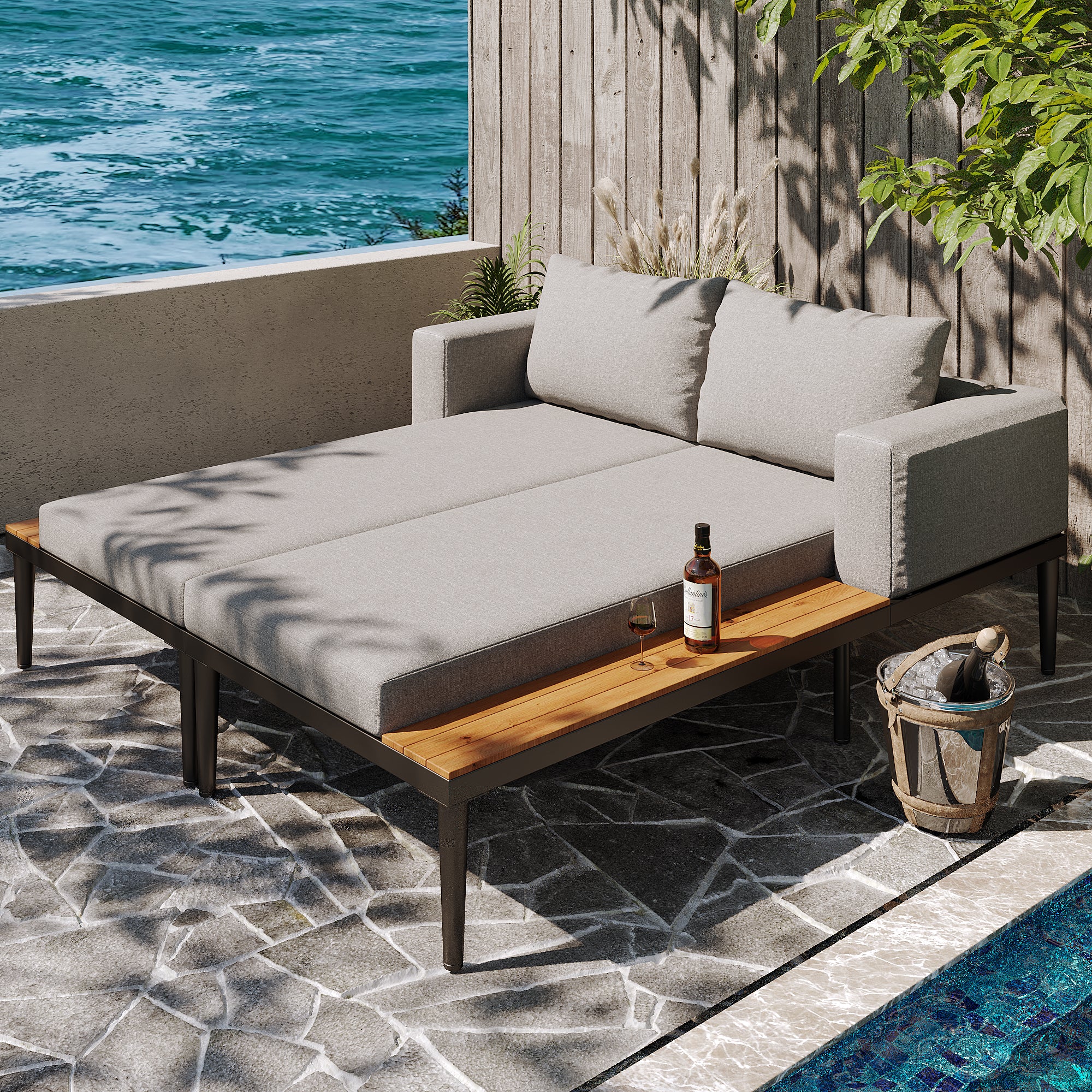 Modular Outdoor Double Chaise Lounge With Wooden Side Panels, Waterproof Cushions