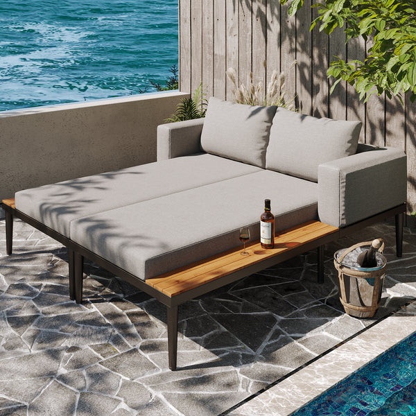 Modular Outdoor Double Chaise Lounge With Wooden Side Panels, Waterproof Cushions