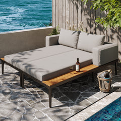 Modular Outdoor Double Chaise Lounge With Wooden Side Panels, Waterproof Cushions