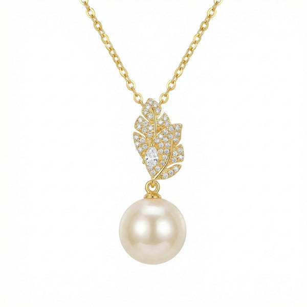 925 Sterling Silver Lustrous Round Pearl and Sparkling Leaf Motif Pendant Necklace