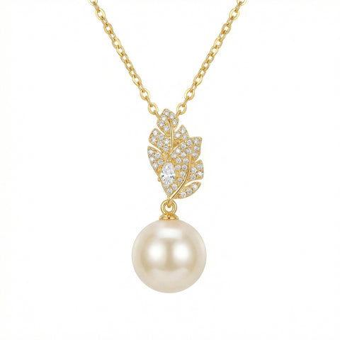 925 Sterling Silver Lustrous Round Pearl and Sparkling Leaf Motif Pendant Necklace