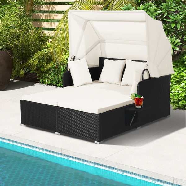 Patio Rattan Daybed With Retractable Canopy And Side Tables