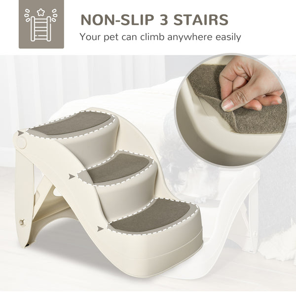 PawHut Foldable Pet Stairs Portable Dog Steps 3-Step Design With Non-slip Mats For High Beds, Sofas, 49 X 38 X 38 Cm, Cream