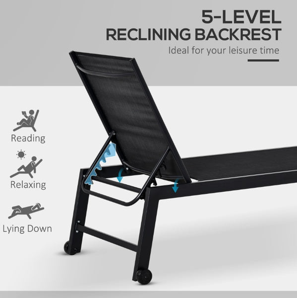 Chaise Lounge Chair Black With Wheels Adjustable Backrest