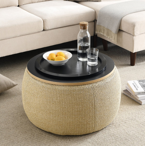 2-in-1 Round Storage Ottoman  End Table, Natural 25.5x25.5x14.5