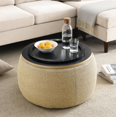 2-in-1 Round Storage Ottoman  End Table, Natural 25.5x25.5x14.5