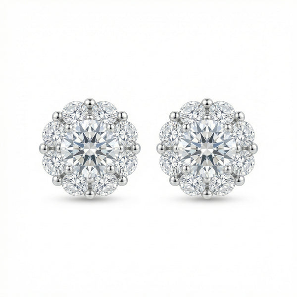 925 Sterling Silver Elegant Round Brilliant Diamond Halo Stud Earrings in Polished White Metal