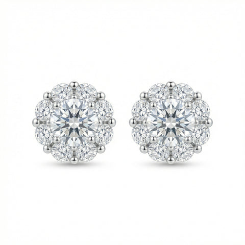 925 Sterling Silver Elegant Round Brilliant Diamond Halo Stud Earrings in Polished White Metal