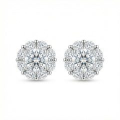 925 Sterling Silver Elegant Round Brilliant Diamond Halo Stud Earrings in Polished White Metal