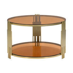 Modern Brown Glass Coffee Table, Asymmetrical Metal, Circular Metal Drum Base, Gold Finish  Lower Shelf