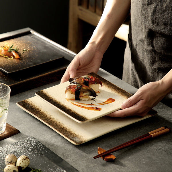 Square Plate Colored Glaze Plate Dish Barbecue Ceramic Plate