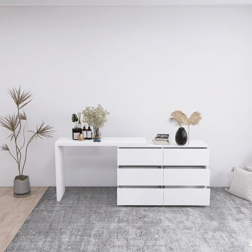 Extended Desktop With 6 Drawers And White Dressing Table