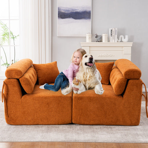 ORANGE COMPRESSION SOFA 4-seater Combined Sofa, Wood Grain Chenille Fabric