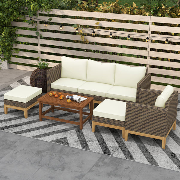 Patio Furniture Set w/ Cushions, 5 PCs PE Rattan Conversation Furniture Set, Cream White