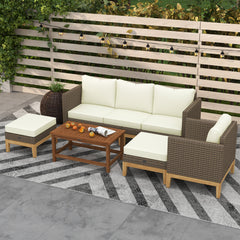 Patio Furniture Set w/ Cushions, 5 PCs PE Rattan Conversation Furniture Set, Cream White