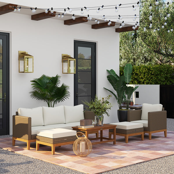 Patio Furniture Set w/ Cushions, 5 PCs PE Rattan Conversation Furniture Set, Cream White