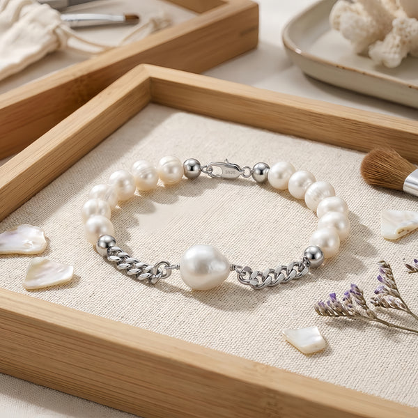 Sterling Silver Elegant Pearl and Sterling  Chain Bracelet with Teardrop Accent