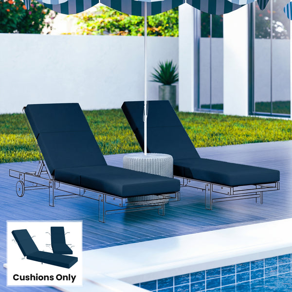 Set of 2 Chaise Lounge Cushion, 4" Thick Outdoor Lounge Chair Cushions with Ties for Patio, 21" x 72 ", Navy Blue