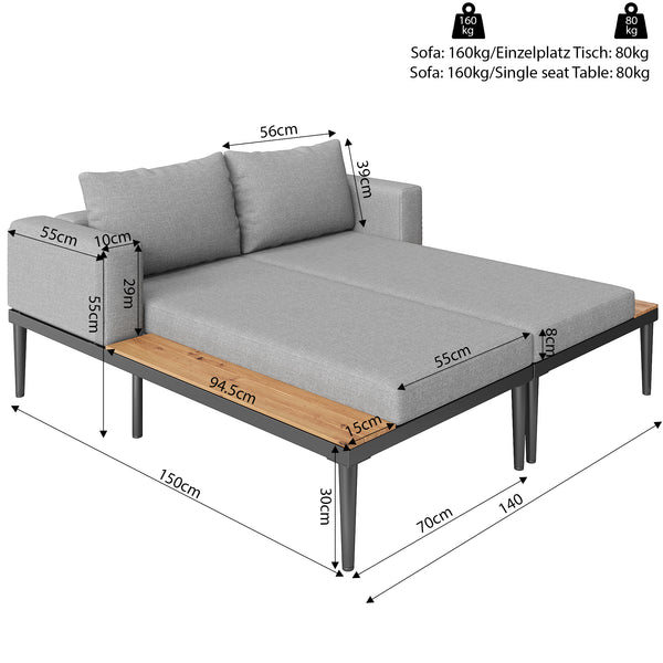 Modular Outdoor Double Chaise Lounge With Wooden Side Panels, Waterproof Cushions