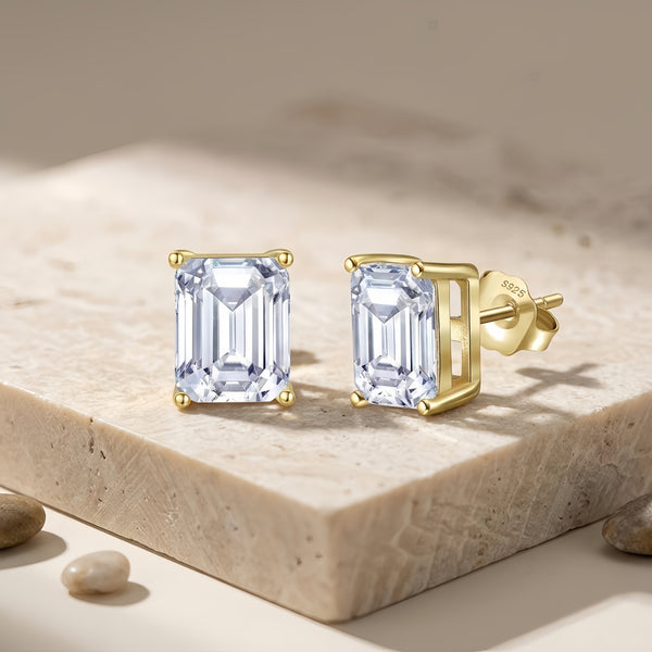 925 Sterling Silver Elegant Emerald Cut CZ Stud Earrings in Gold-Plated Sterling