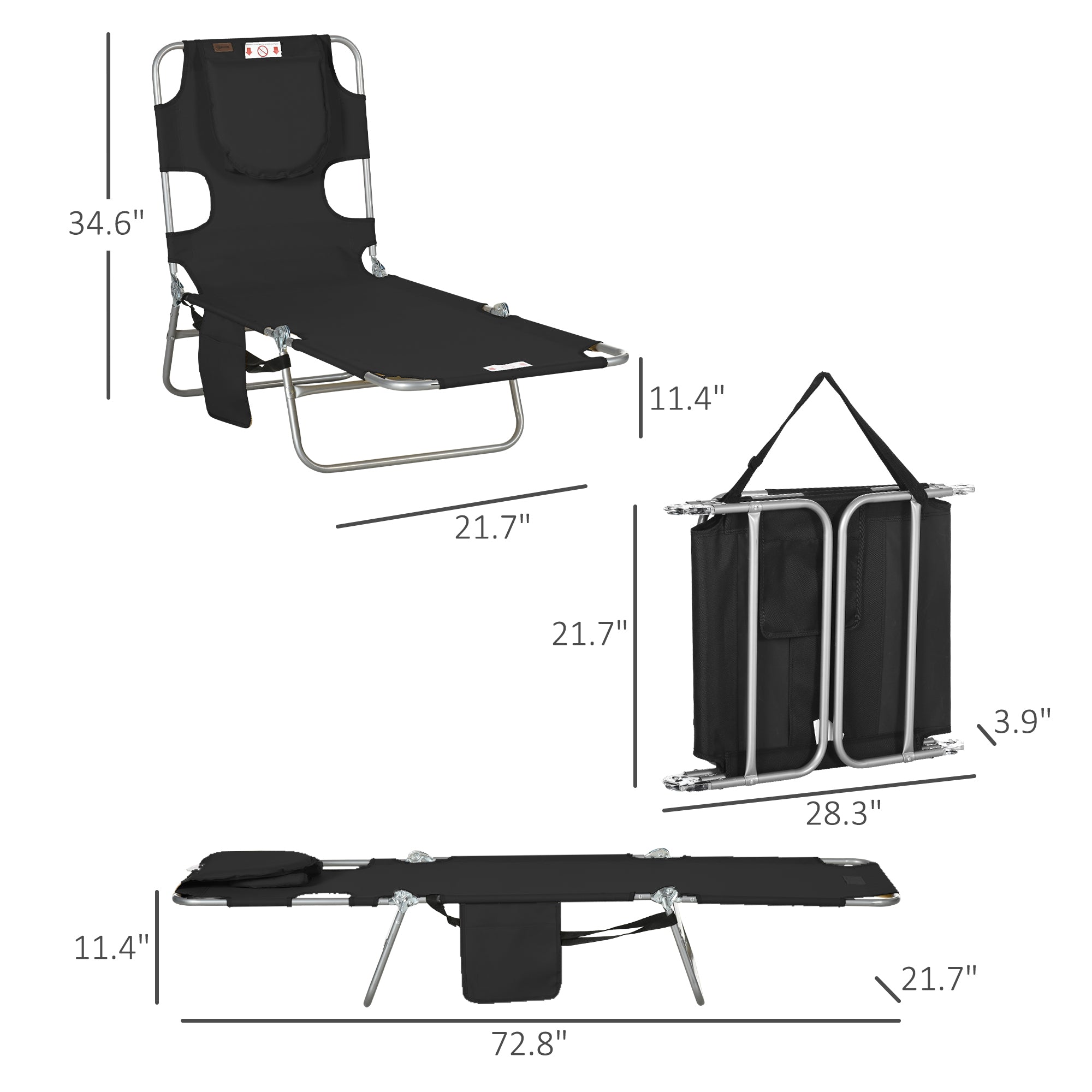 Folding Outdoor Chaise Lounge Sun Tanning Chair With Face Cavity, Pillow, 5-level Adjustable For Beach, Pool, Black
