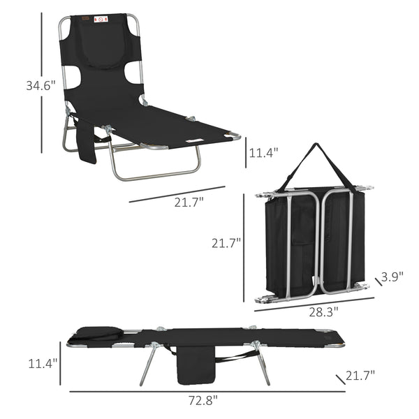 Folding Outdoor Chaise Lounge Sun Tanning Chair With Face Cavity, Pillow, 5-level Adjustable For Beach, Pool, Black