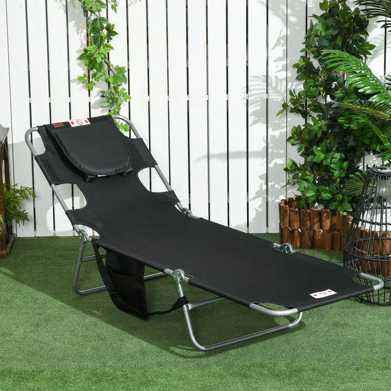 Folding Outdoor Chaise Lounge Sun Tanning Chair With Face Cavity, Pillow, 5-level Adjustable For Beach, Pool, Black
