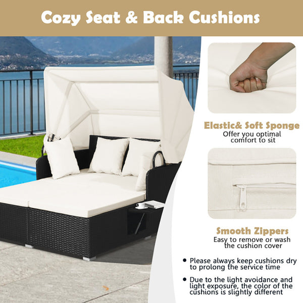 Patio Rattan Daybed With Retractable Canopy And Side Tables