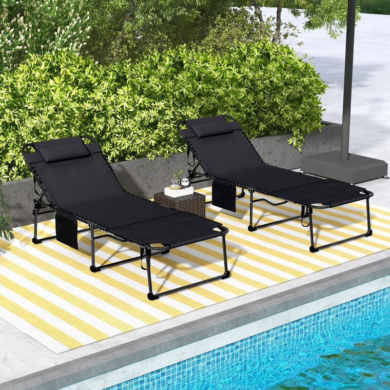 2 Piece Folding Chaise Lounge Pool Chairs with 5-level Reclining Back