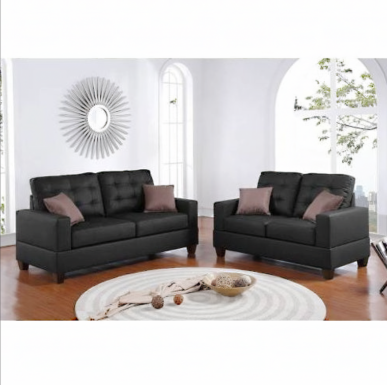 Living Room Furniture 2pc Sofa Set Black Faux Leather Tufted Sofa Loveseat W Pillows Cushion Couch