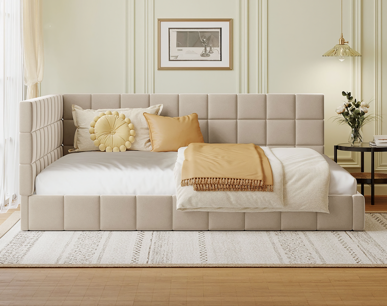 Full-size Upholstered Sofa Bed, Sofa Bed Frame - Beige, Velvet