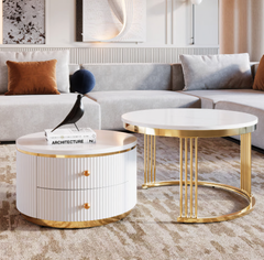 Modern 2-piece White Circular Nested Coffee Table With Drawers, 27.6 Inches
