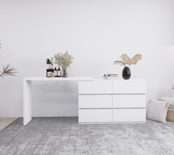 Extended Desktop With 6 Drawers And White Dressing Table