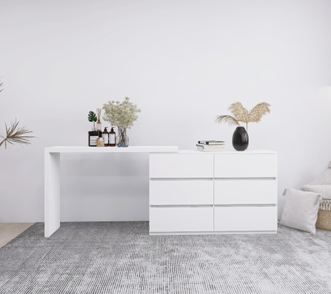 Extended Desktop With 6 Drawers And White Dressing Table