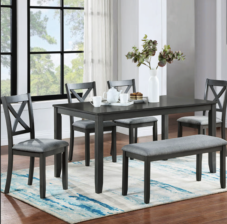 Rectangular Wooden Dining Table With 4 Upholstered Chairs And A Bench