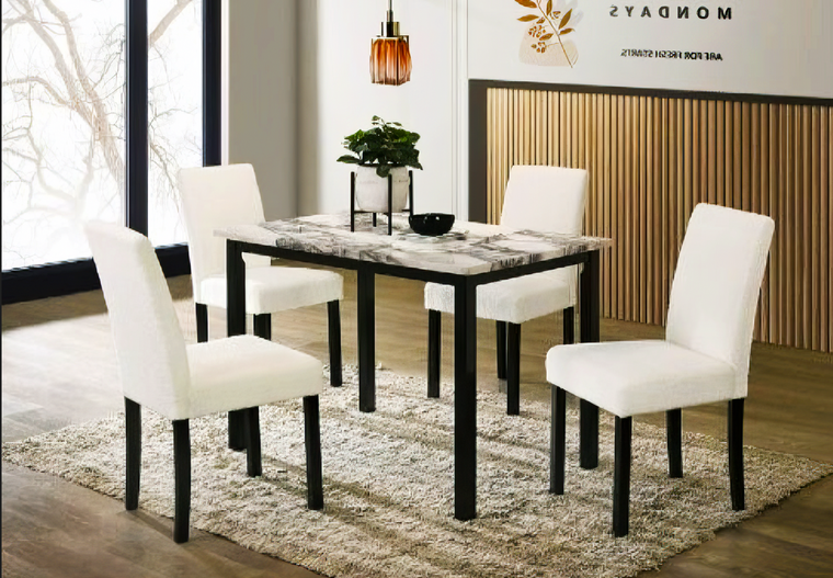 White Wool Fabric Chairs Faux Marble Top Table 5pc Dining Set
