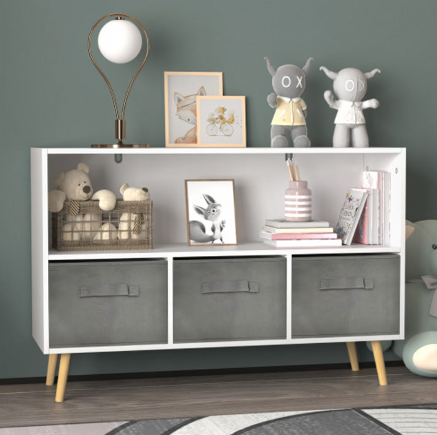 Fiberboard Children's Bookshelf With Foldable Fabric Drawers