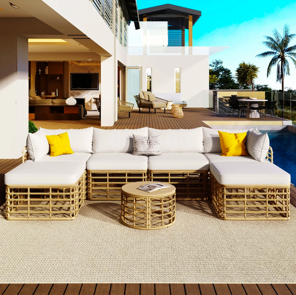 GO 7 Pieces Outdoor Patio Furniture, All-Weather Rattan Sectional Sofa Set With Thick Cushions And P