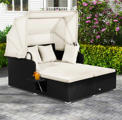 Patio Rattan Daybed With Retractable Canopy And Side Tables