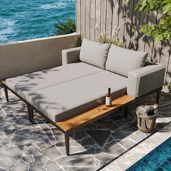 Modular Outdoor Double Chaise Lounge With Wooden Side Panels, Waterproof Cushions