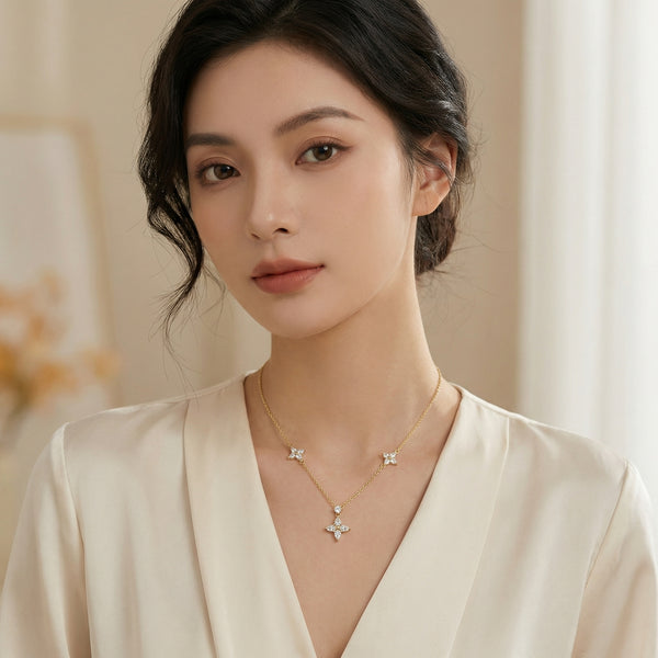 925 Sterling Silver Gold Plated Elegant Marquise Diamond Triple Floral Necklace