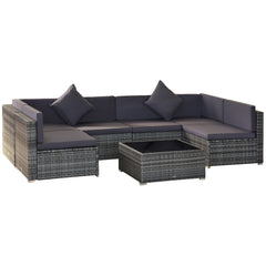 7 Piece Wicker Patio Furniture For Backyard Outdoor Sectional Sofa With Cushions  Tempered Glass Coffee Table Pillows Gray