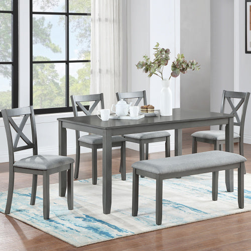 Rectangular Wooden Dining Table With 4 Upholstered Chairs And A Bench