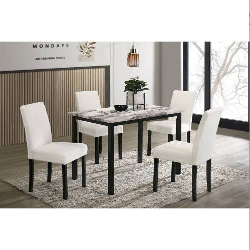 White Wool Fabric Chairs Faux Marble Top Table 5pc Dining Set