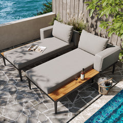 Modular Outdoor Double Chaise Lounge With Wooden Side Panels, Waterproof Cushions