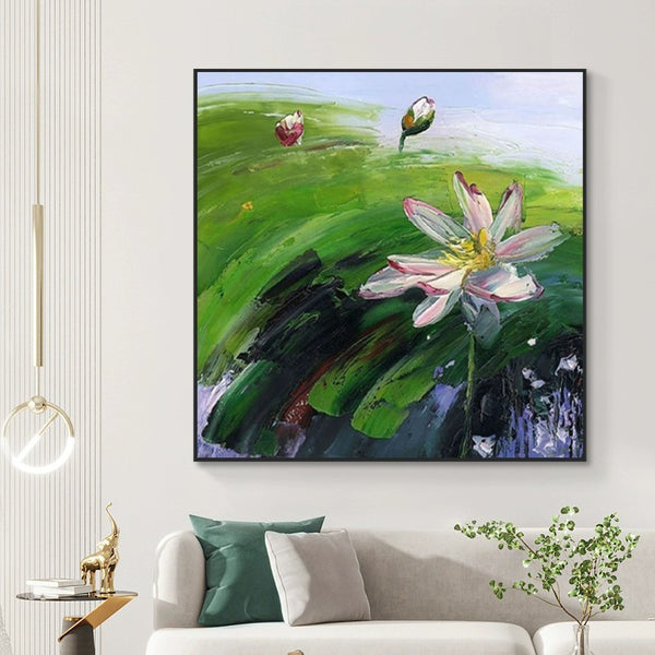 Abstract Countryside Oil Painting Hand Painted Rural Landscape With Lotus Flowers Canvas Wall Art For Home Dining Room Decor